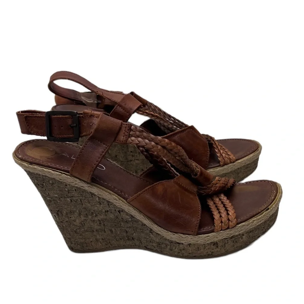 Aldo Tan Cognac Braided Vegan Leather Crisscross Keyhole Wedge Size 38 US 7.5